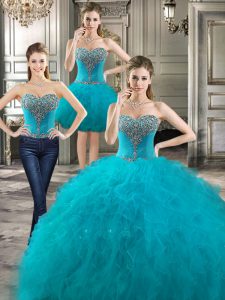 Simple Three Piece Ball Gowns Ball Gown Prom Dress Teal Sweetheart Tulle Sleeveless Floor Length Lace Up