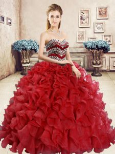 Colorful Organza Sweetheart Sleeveless Lace Up Beading and Ruffles 15 Quinceanera Dress in Red