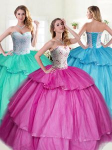 Dramatic Tulle Sleeveless Floor Length Quince Ball Gowns and Beading and Ruffled Layers