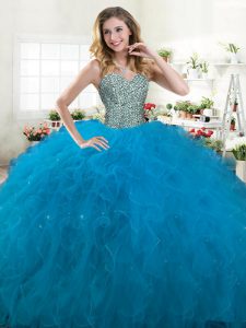 Ball Gowns Ball Gown Prom Dress Teal Sweetheart Tulle Sleeveless Floor Length Lace Up