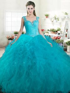 Straps Tulle Sleeveless Floor Length Quince Ball Gowns and Beading and Ruffles