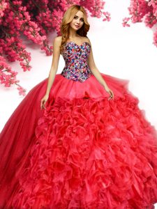 Red Organza Lace Up Sweetheart Sleeveless Floor Length Quinceanera Dress Beading and Ruffles