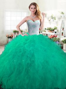 Pretty Sleeveless Tulle Floor Length Lace Up Sweet 16 Quinceanera Dress in Green with Beading and Ruffles