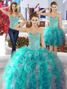 Romantic Three Piece Sweetheart Sleeveless Lace Up Sweet 16 Dresses Multi-color Organza