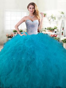 Dynamic Sleeveless Tulle Floor Length Lace Up Vestidos de Quinceanera in Teal with Beading and Ruffles