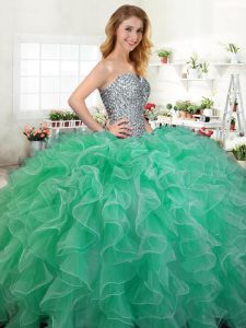 Flirting Green Ball Gowns Organza Sweetheart Sleeveless Beading and Ruffles Floor Length Lace Up Quince Ball Gowns