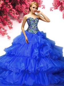 Pretty Royal Blue Organza Lace Up Sweetheart Sleeveless Floor Length 15 Quinceanera Dress Beading and Ruffled Layers