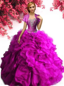 Attractive Fuchsia Lace Up Quinceanera Gowns Beading and Ruffles Sleeveless Floor Length