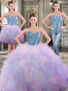 Three Piece Sleeveless Beading and Ruffles Lace Up 15th Birthday Dress