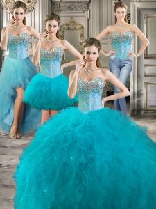 Best Four Piece Aqua Blue 15th Birthday Dress Military Ball and Sweet 16 and Quinceanera with Beading and Ruffles Sweetheart Sleeveless Lace Up