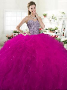 Glorious Fuchsia Sweetheart Lace Up Beading and Ruffles Quince Ball Gowns Sleeveless