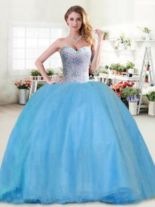 Sleeveless Tulle Floor Length Lace Up Quince Ball Gowns in Baby Blue with Beading
