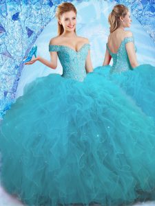 Off the Shoulder Teal Lace Up 15 Quinceanera Dress Beading and Ruffles Sleeveless Floor Length