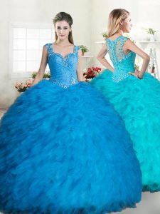 Straps Blue Sleeveless Tulle Zipper Sweet 16 Dresses for Military Ball and Sweet 16 and Quinceanera