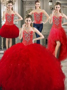 Edgy Four Piece Sweetheart Sleeveless 15 Quinceanera Dress Floor Length Beading and Ruffles Red Tulle