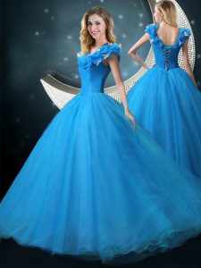Graceful V-neck Cap Sleeves Lace Up Quinceanera Gown Blue Tulle