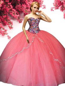 Unique Beading 15 Quinceanera Dress Watermelon Red Lace Up Sleeveless Floor Length