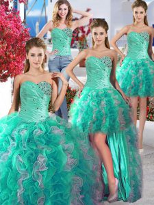 Modest Four Piece Sleeveless Floor Length Beading Lace Up Quinceanera Gowns with White and Turquoise