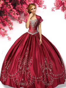 Wine Red Lace Up Sweetheart Embroidery 15 Quinceanera Dress Taffeta Sleeveless