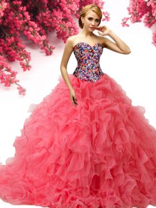 Sexy Brush Train Ball Gowns Sweet 16 Quinceanera Dress Coral Red Sweetheart Organza Sleeveless With Train Lace Up
