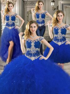 Elegant Three Piece Off the Shoulder Beading and Ruffles Quinceanera Gown Royal Blue Zipper Sleeveless Floor Length