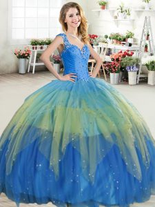 Luxurious Straps Sleeveless Floor Length Beading and Ruffled Layers Zipper 15 Quinceanera Dress with Multi-color