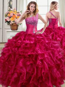 Dramatic Fuchsia Sweet 16 Dress Military Ball and Sweet 16 and Quinceanera with Beading and Ruffles One Shoulder Sleeveless Lace Up
