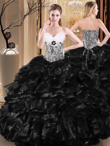 Popular Black Lace Up Sweet 16 Dress Ruffles and Pattern Sleeveless Floor Length