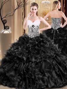 Simple Sleeveless Floor Length Ruffles Lace Up Sweet 16 Dress with Black