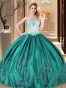 Unique Ball Gowns 15th Birthday Dress Turquoise Strapless Taffeta Sleeveless Floor Length Lace Up