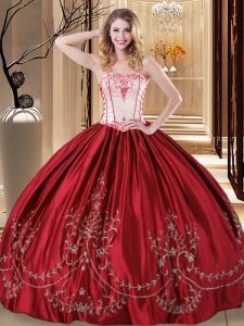Captivating Wine Red Sweet 16 Dress Military Ball and Sweet 16 and Quinceanera with Embroidery Strapless Sleeveless Lace Up