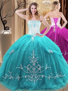 Glittering Aqua Blue Lace Up Strapless Embroidery Ball Gown Prom Dress Tulle Sleeveless