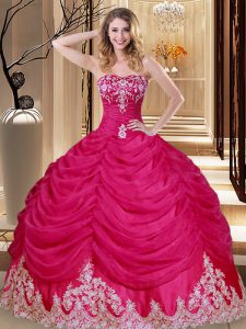 High Class Sleeveless Tulle Floor Length Lace Up Quince Ball Gowns in Hot Pink with Appliques and Embroidery and Pick Ups