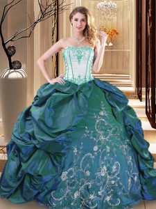Low Price Turquoise Strapless Neckline Embroidery and Pick Ups 15 Quinceanera Dress Sleeveless Lace Up