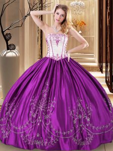 Custom Designed Purple Ball Gowns Taffeta Strapless Sleeveless Embroidery Floor Length Lace Up Quinceanera Gowns