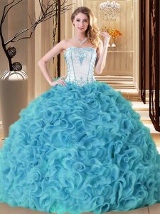 Artistic Sleeveless Fabric With Rolling Flowers Floor Length Lace Up Quinceanera Dresses in Aqua Blue with Embroidery and Ruffles