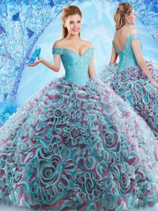 Luxurious Off The Shoulder Sleeveless Fabric With Rolling Flowers Ball Gown Prom Dress Beading and Appliques and Ruffles Court Train Backless