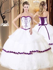 Fantastic Sleeveless Organza Floor Length Lace Up Quinceanera Gowns in White with Embroidery