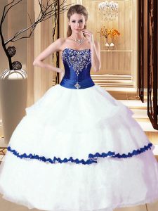 Super Organza Strapless Sleeveless Lace Up Beading and Ruffled Layers Ball Gown Prom Dress in White and Royal Blue