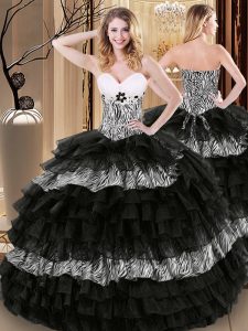 Elegant Black Organza and Printed Lace Up Sweetheart Sleeveless Floor Length Quinceanera Gowns Ruffled Layers and Pattern