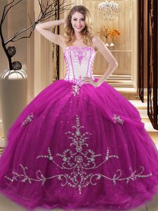Beauteous Fuchsia Sweet 16 Quinceanera Dress Military Ball and Sweet 16 and Quinceanera with Embroidery Strapless Sleeveless Lace Up