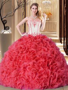 Coral Red Fabric With Rolling Flowers Lace Up Strapless Sleeveless Floor Length Quince Ball Gowns Embroidery and Ruffles