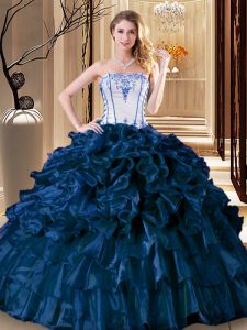 Discount Organza Strapless Sleeveless Lace Up Pick Ups Quinceanera Gowns in Navy Blue