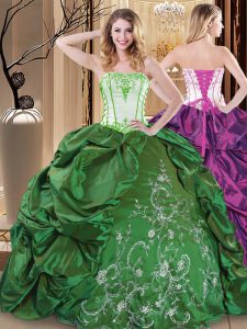 Green Lace Up Strapless Embroidery 15 Quinceanera Dress Taffeta Sleeveless