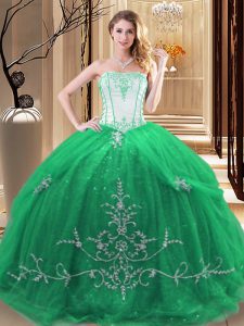 Admirable Green Strapless Neckline Embroidery Ball Gown Prom Dress Sleeveless Lace Up