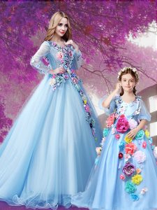 Glorious Baby Blue Long Sleeves With Train Beading and Hand Made Flower Lace Up 15th Birthday Dress